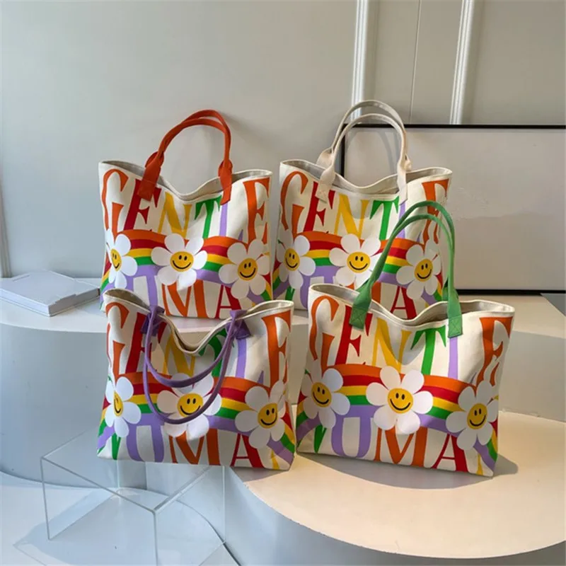 

Большая сумка-тоут с цветочным буквенным принтом, милая холщовая сумка Kawaii, женская сумка на плечо большой вместимости с карманом на подкладке