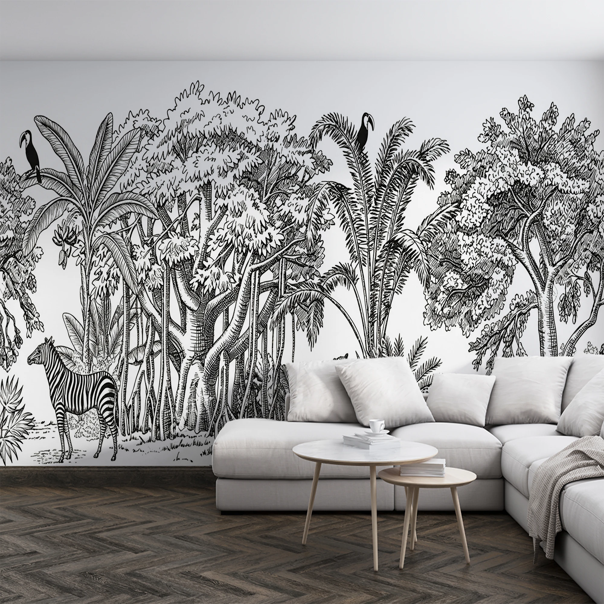Custom 3D Black White Sketch Tropical Jungle Wall Mural Zebra Leopard  Rainforest Animal Wallpaper for Living Room Bedroom Home