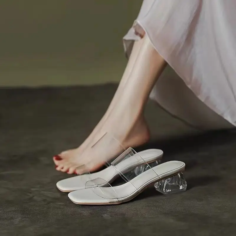 Large Size Transparent Square Head High Heels Women's Summer 2024 New Thick Heel Outdoor Slippers One-Strap Comfortable Shoes