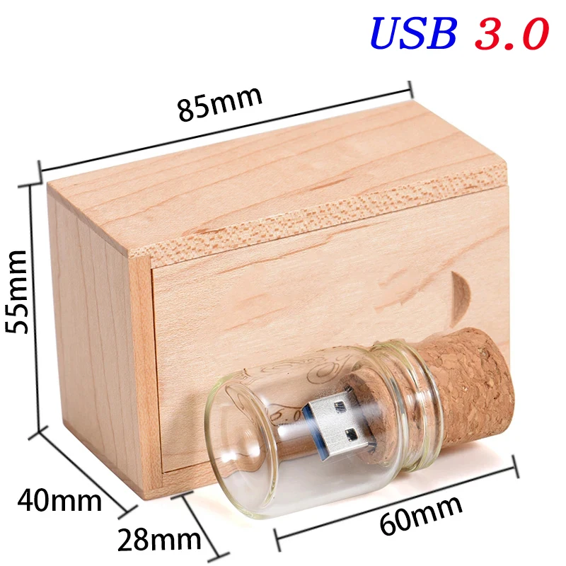 زجاجة زجاجية عالية السرعة صندوق خشبي 64 جيجابايت محرك فلاش USB شعار مجاني 32 جيجابايت محركات القلم التصوير 16 جيجابايت ذاكرة عصا 3.0 U القرص 8 جيجابايت
