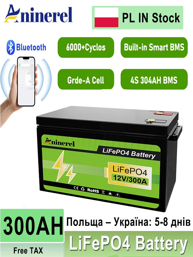 Aninerel 12V 100AH 300AH LiFePO4-Batterie 12V 300AH Solar-Phosphat-Batterie Tragbare wiederaufladbare Batterie mit integriertem BMS Bluetooth
