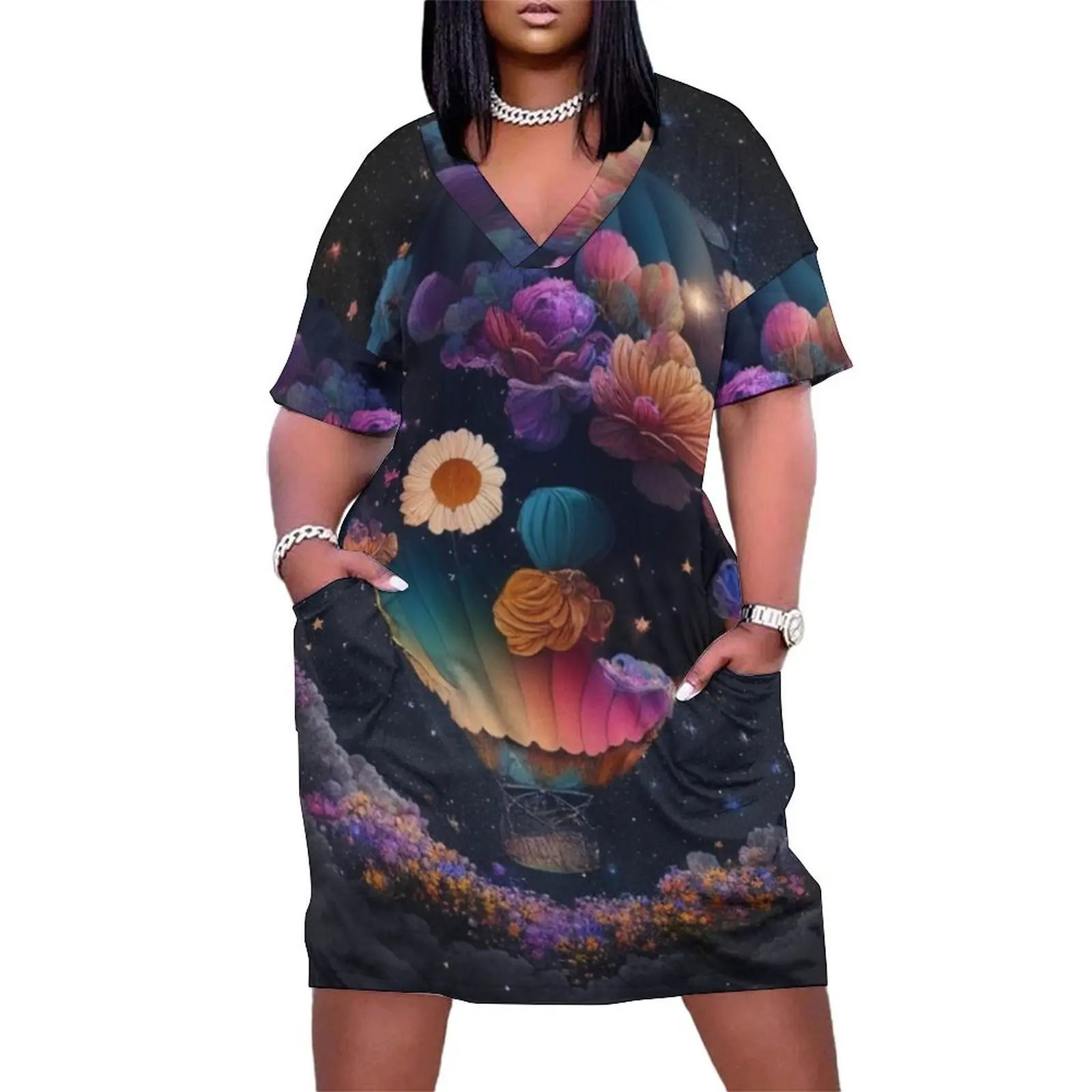 Colorful Hot Air Balloon Made of Flowers in the Colorful Night Sky 3 Loose Pocket Dress prom clothes dress women elegant luxury