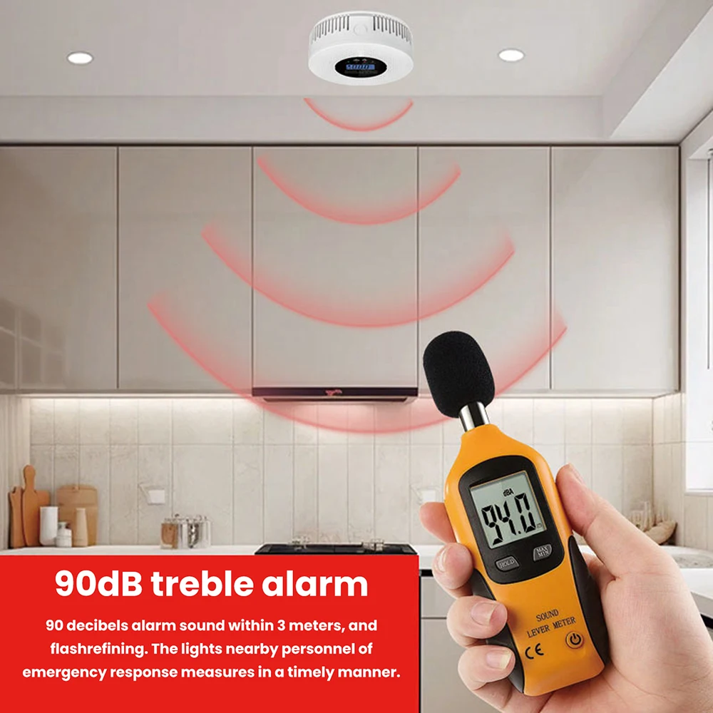 Carbon Monoxide and Smoke Detector with LCD Display Carbon Monoxide Alarm Powered by Battery for House Apartment Kitchen