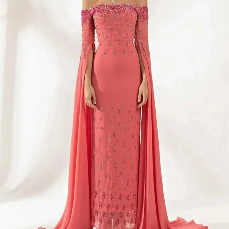 

Watermelon Red Half Sleeve Sequined Beading Dubai Evening Dress Mermaid Off The Shoulder Ribbons Saudi Arabic Formal Party Gown