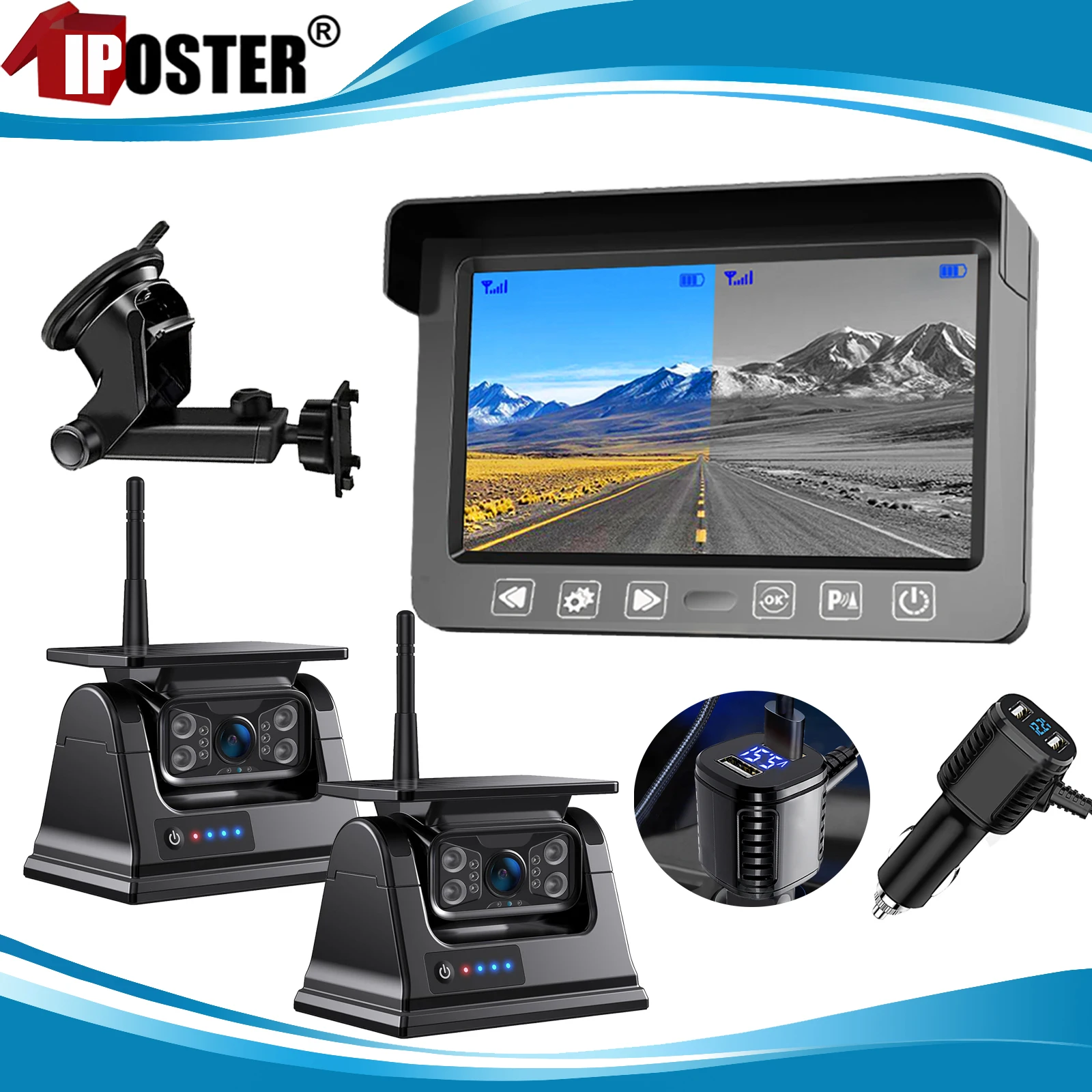 

iPoster 1/2x Solar Backup Camera Rechargeable Battery Magnetic Base 5" Split 2 Screen / Full Screen Display Monitor For Caravan