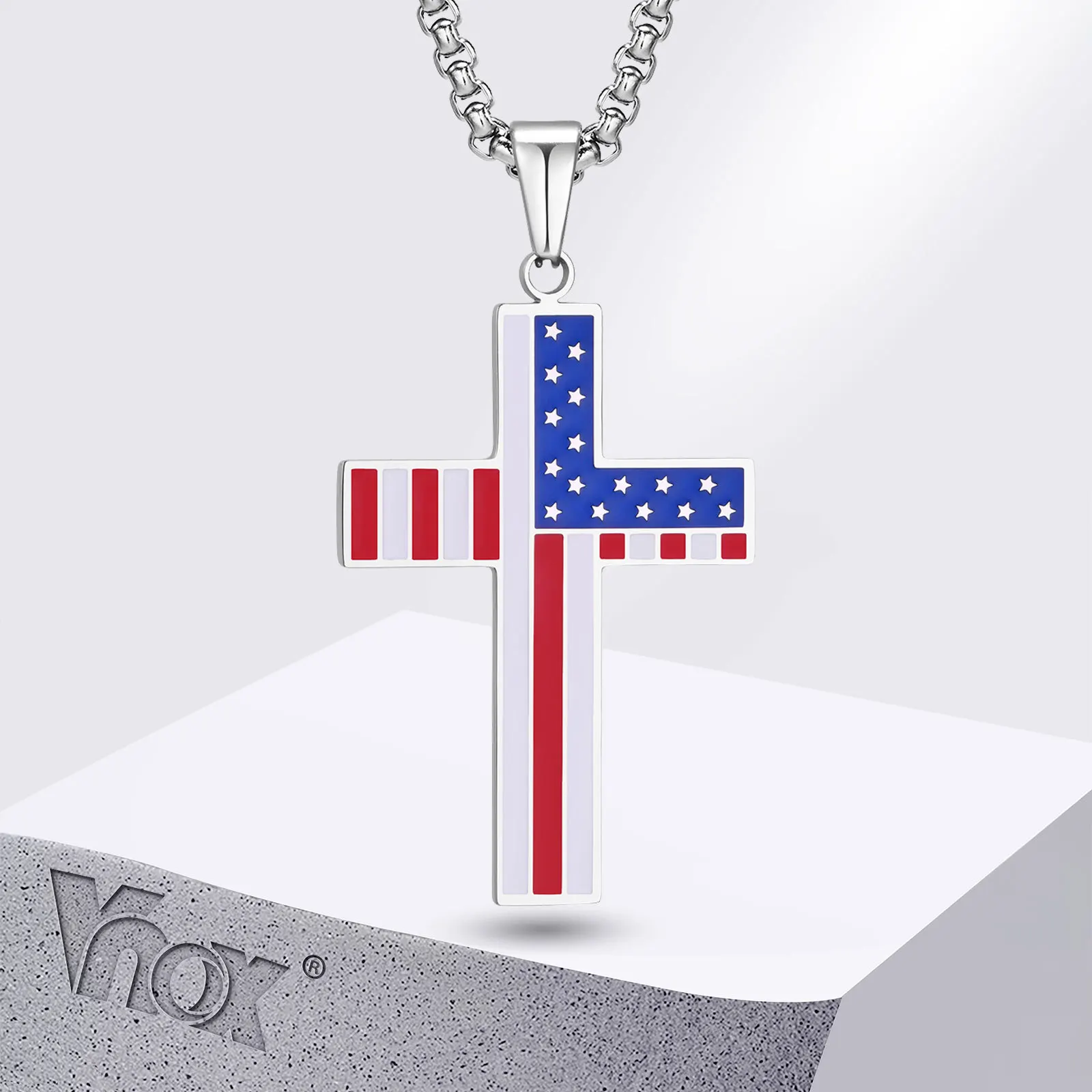 Vnox USA Flag Cross Necklaces for Men, Blue Red Strip Star American Flag Pendant, Independant Day Gift