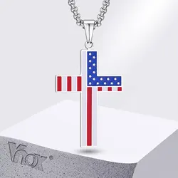 Vnox USA Flag Cross Necklaces for Men, Blue Red Strip Star American Flag Pendant, Independant Day Gift