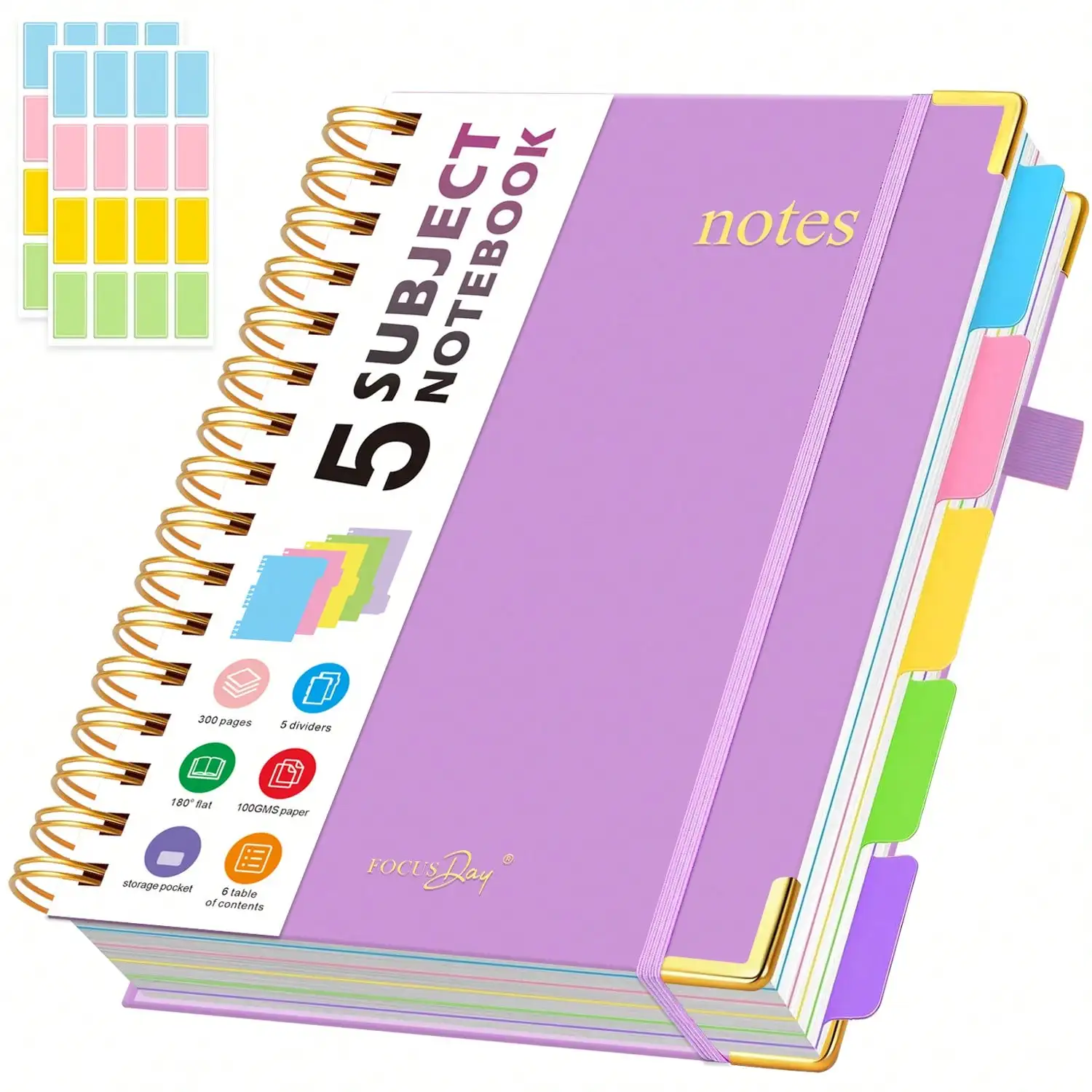 FOCUS DAY 5 Subject Notebook College Ruled, A5 Hardcover Notebook With Removable Dividers Tabs, 300 Pages 100GSM Thick Paper, Inner Pocket, Spiral Journal Notebook For Women/Men Writing, 6.1