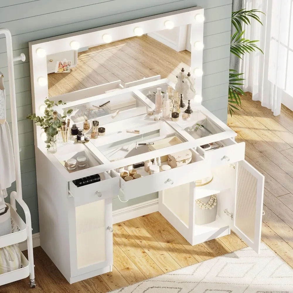 

Vanity Desk with Mirror and Lights, Glass Top Vanitys withs Lights & Power Outlet, Makeup Vanitys Desk with Lights, White Vanity