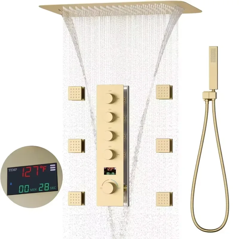 16x24 Inch Bathroom Shower System Brushed Gold Ceiling Mount Faucet Set Single Brass Ceramic Jet Pause Soft Rain for