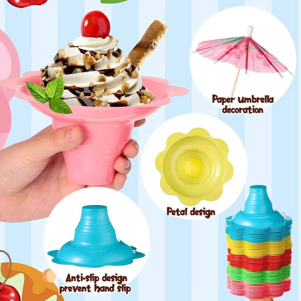 300 Pieces/100 Sets 4 oz Colorful Flower Snow Cone Cups Shaved Ice Cups with Spoon Straws and Paper Umbrellas Kit