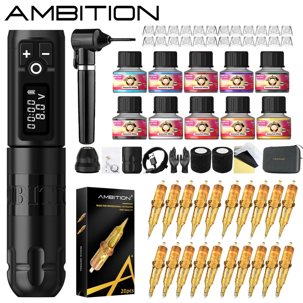 Ambition Soldier Wireless Tattoo Machine Kit Professional Coreless Motor 4.0mm Stroke Rotary Pen 2400mAh Battery Mixed Cartridge