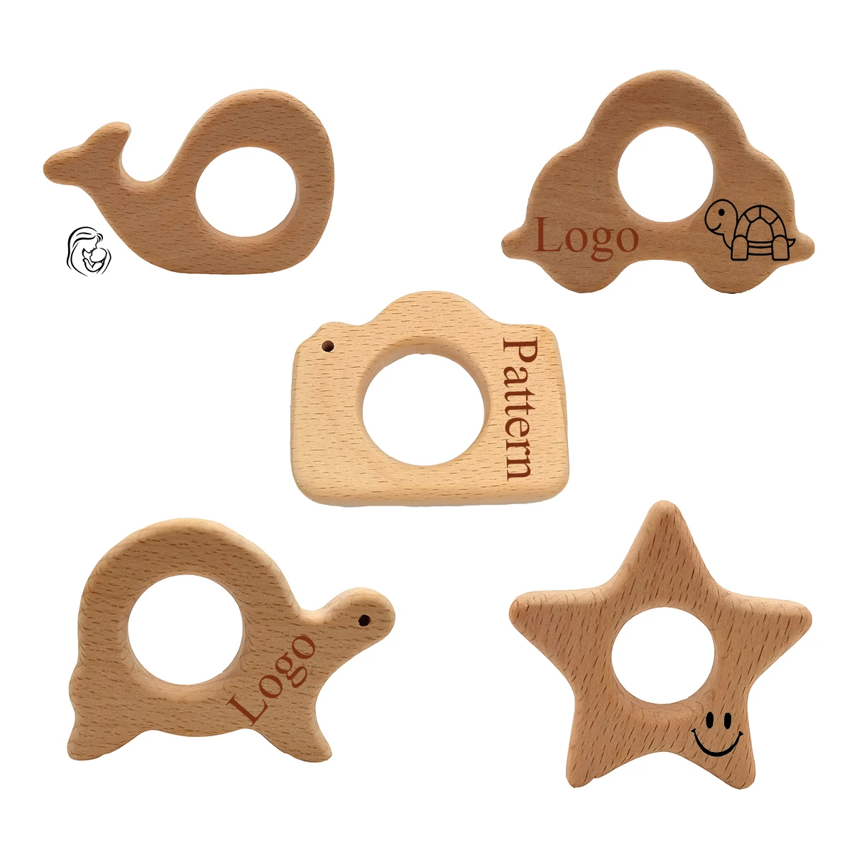 

20pcs Customized Printed logo Wooden Teether Natural Wood Baby Teething Toys , Wooden Teether Animals Whale Shape Soothing Toys