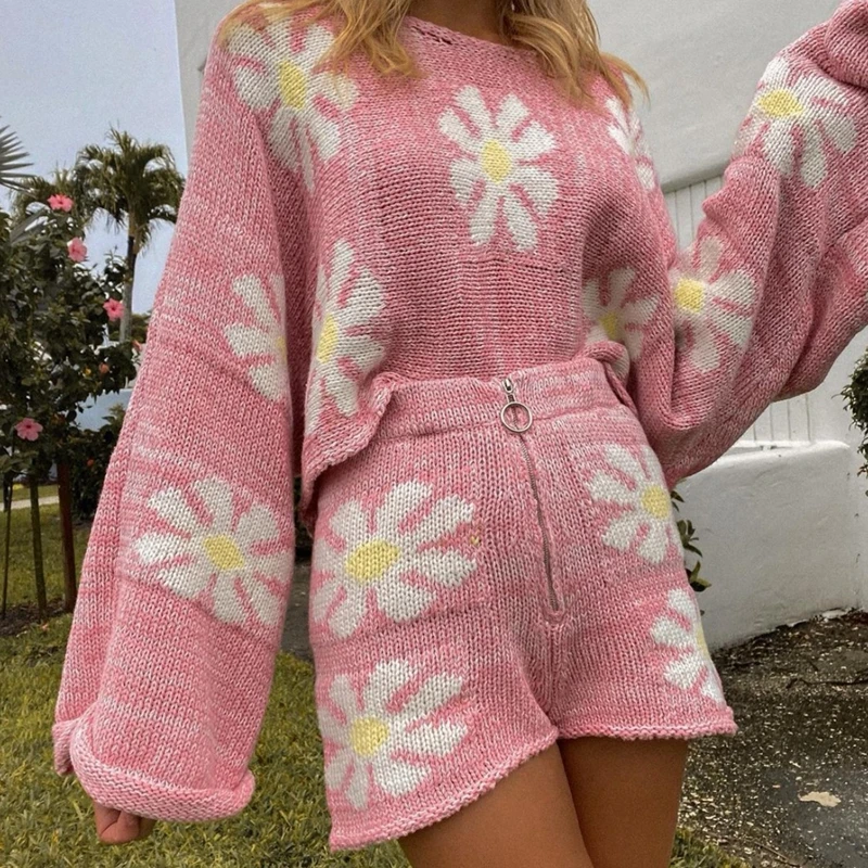 

Spring Autumn Two Piece Knitted Sets Vintage Floral Printed Long Sleeve Sweater Top and Zipper Biker Shorts Women Matching Suit