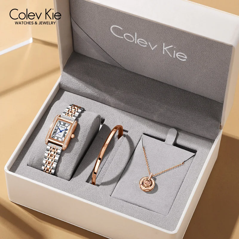 ColevKie Lady Wrist Watch Luxury Women\'s Elegant Dress Quartz Watches Stainless Steel Band Waterproof Necklace Bracelet Gift Set