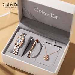 ColevKie Lady Wrist Watch Luxury Women's Elegant Dress Quartz Watches Stainless Steel Band Waterproof Necklace Bracelet Gift Set