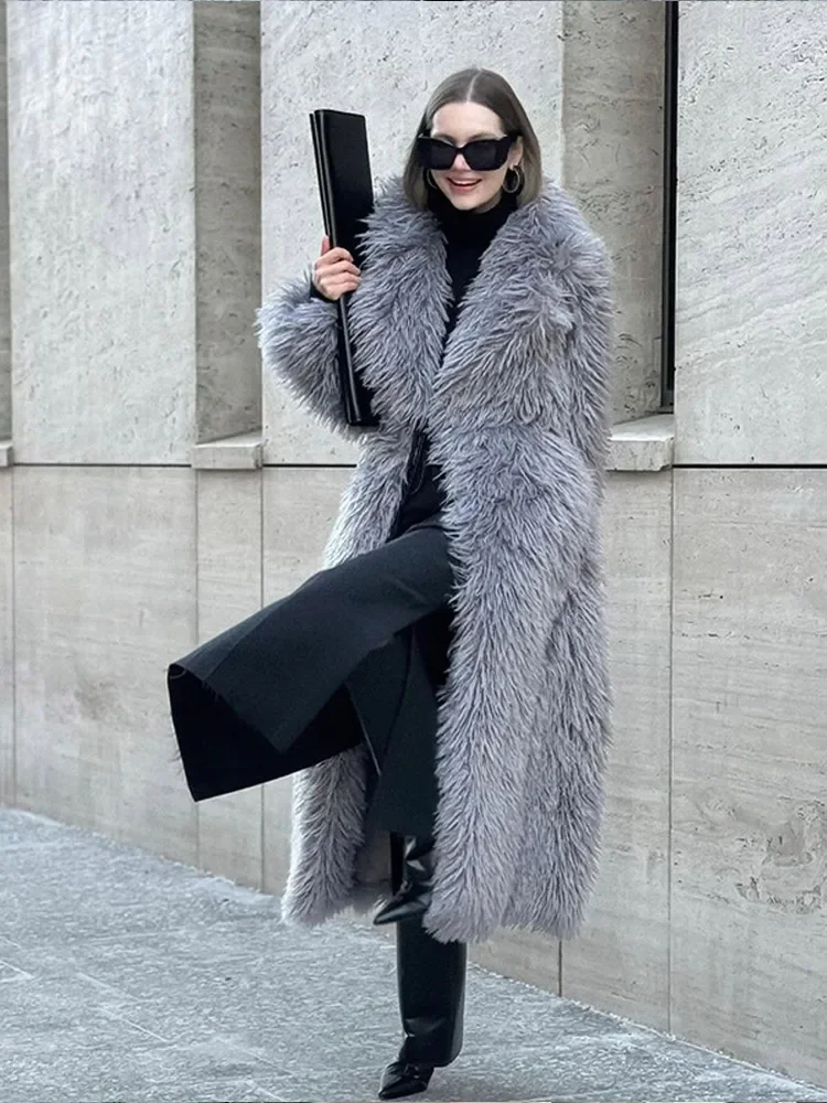 แฟชั่นขนาดใหญ่LapelยาวPlush Faux Fox Fur Coat 2024 ฤดูหนาวChic Solid Thicken Warm Fluffy Fur Jacket Lady Outerwears