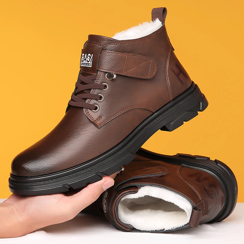 

Мужская кожаная обувь на осень и зиму, мужская хлопковая обувь с добавлением изоляции для тепла, зимние ботинки, короткие кожаные ботинки