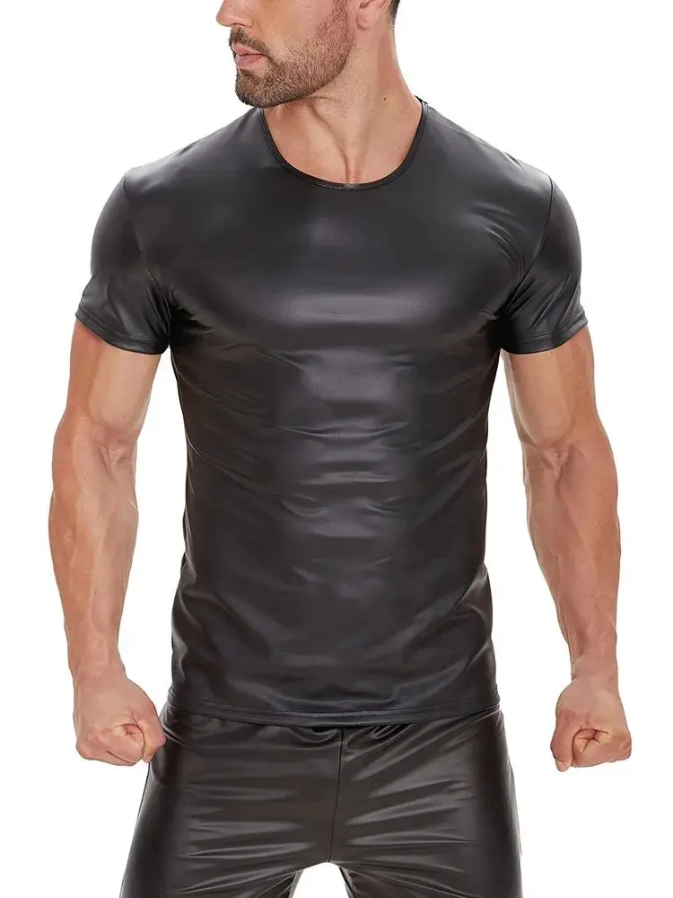 S-5XL Short Sleeve Faux PU Leather T Shirt Men Tights Bodybuilding Hot Muscle Tees Fitness Shapers Cosplay Clubwear Gothic Tops