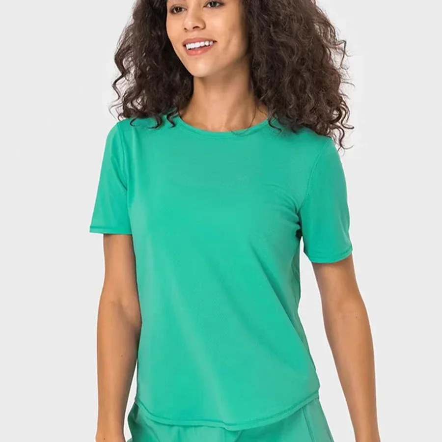 Women's Class Fit Crew Neck T-Shirt Hip Length Short Sleeve Sweat-wicking Yoga Shirts Breathable Running Soild Tops Quick-drying