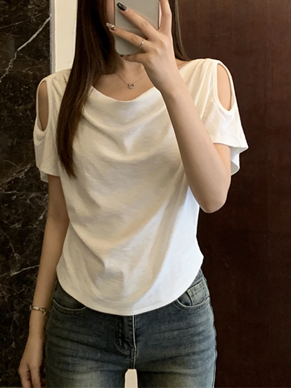 

Summer New plus Size Korean Style Pure Desire Shoulder Bared Short Sleeve Casual Top Women's Skin-friendly Breathable T-shirt