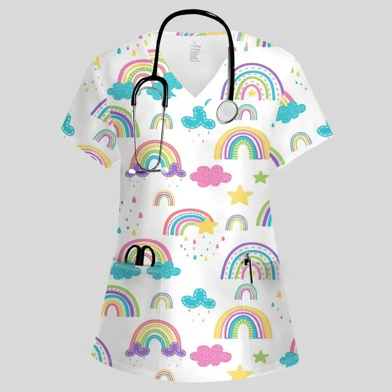 Women's Medical Workwear V-Short-Sleeved Pet Hospital Clinic Workwear Dentist's Daily Casual Surgical Uniform T-Shirt