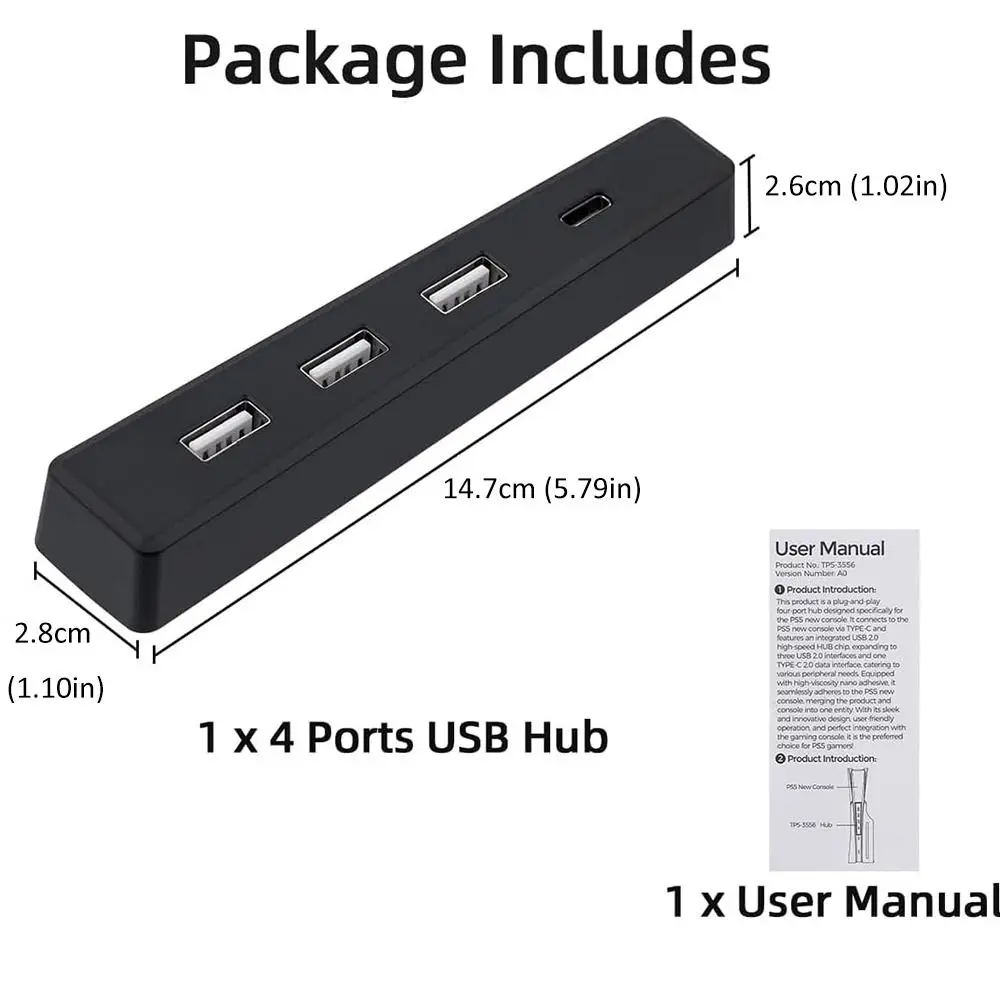 4 Ports USB 2.0 Hub High-Speed Portable USB Port Expander Saving Space Slim for PS5 PRO/SLIM Disc and Digital Edition
