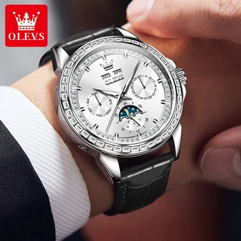 OLEVS 6695 luxury brand men&#x27;s watch waterproof calendar moon phase leather watch multi-function automatic mechanical men&#x27;s watch