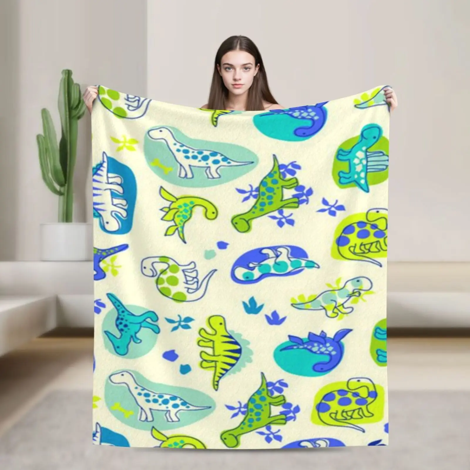 

Cartoon Cute Dinosaur Print Cozy Super Soft Flannel Blanket, Cartoon Warm Throw Blanket For Living Room Halloween and Christmas