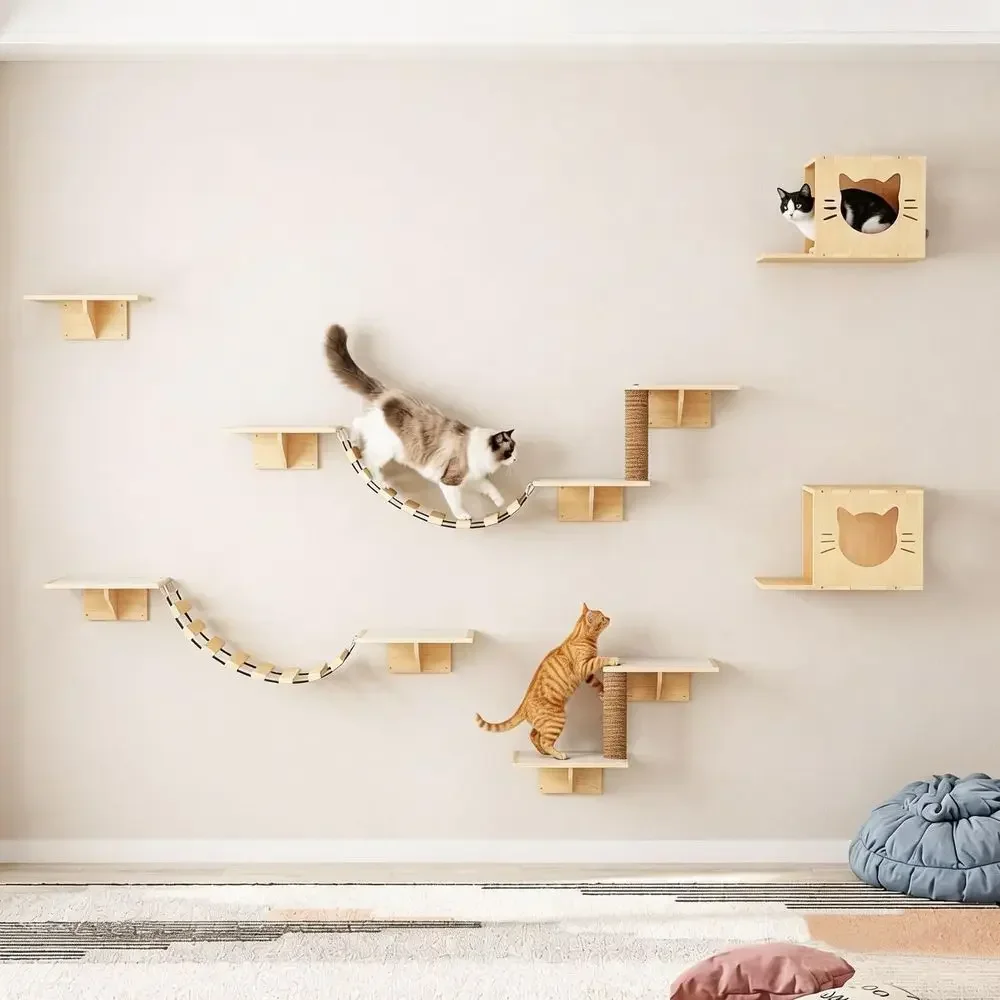 Large Wall-Mounted Cat Activity Center with Bridge, Scratching Post, and Natural Pine Shelves
