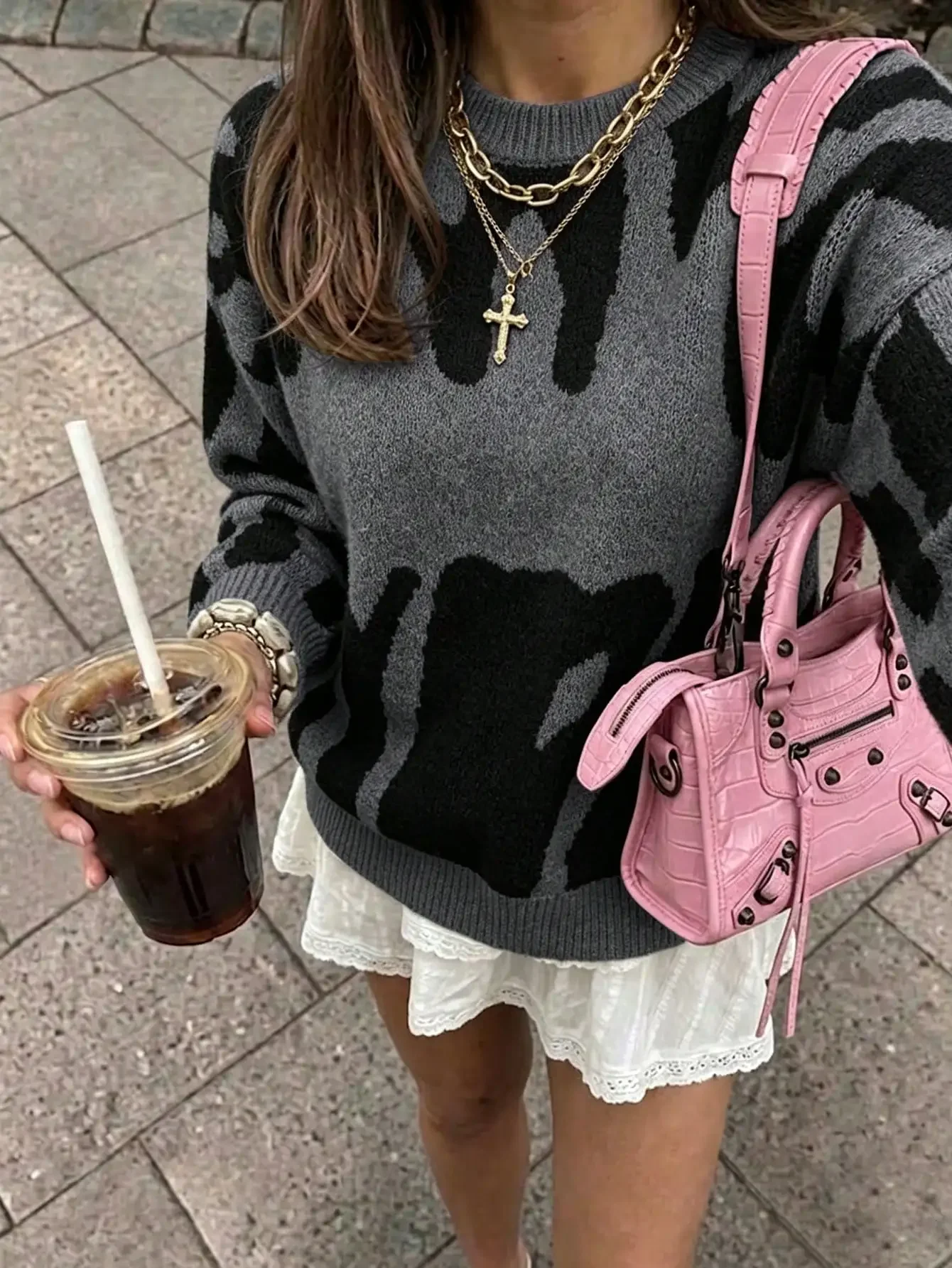 Grunge Y2K Aesthetic Graphic Letter Knitwear Chic Streetwear Style Long Sleeve Soft Jumper Top Charcoal Grey And Jet Black Abstract Typography Print Ribbed Trims Dropped Shoulders Slouchy Fit For Autumn Coffee Run Valentine Gift