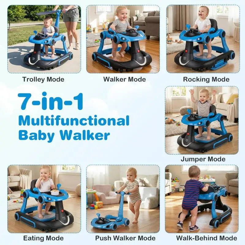 6-in-1 Babywalker mit Verdeck, Tragbares Aktivitätscenter, Babywippe und Schaukel-Kombination mit Musik – Blau