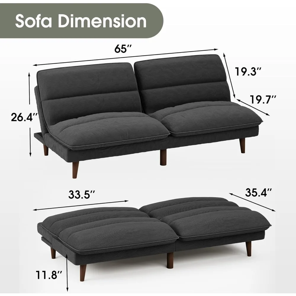 Sofa Bed Corduroy Futon Couch Adjustable Sleeper for Small Apartment Convertible Living Room Furniture Set, Folding Bed