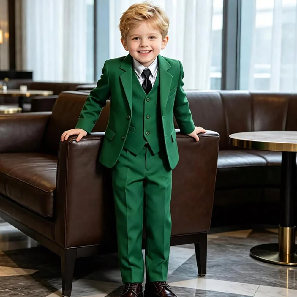 Kids Boy Suit Solid Green 3 Pieces Stylish Notched Lapel Single Breasted Blazer Vest Trousers Outfit For Formal Wedding Birthday