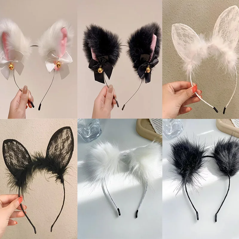 Plüsch-Spitzen-Katzenohren-Haarband mit Glöckchen für Damen, koreanischer Stil, elegantes Mode-Haarband für Mädchen, Party, Cosplay