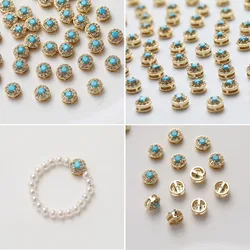 4PCS 14K Gold Plated Vintage Round Inlaid Turquoise Zircon Beads DIY Making Supplies Necklace Bracelet Material Accessories