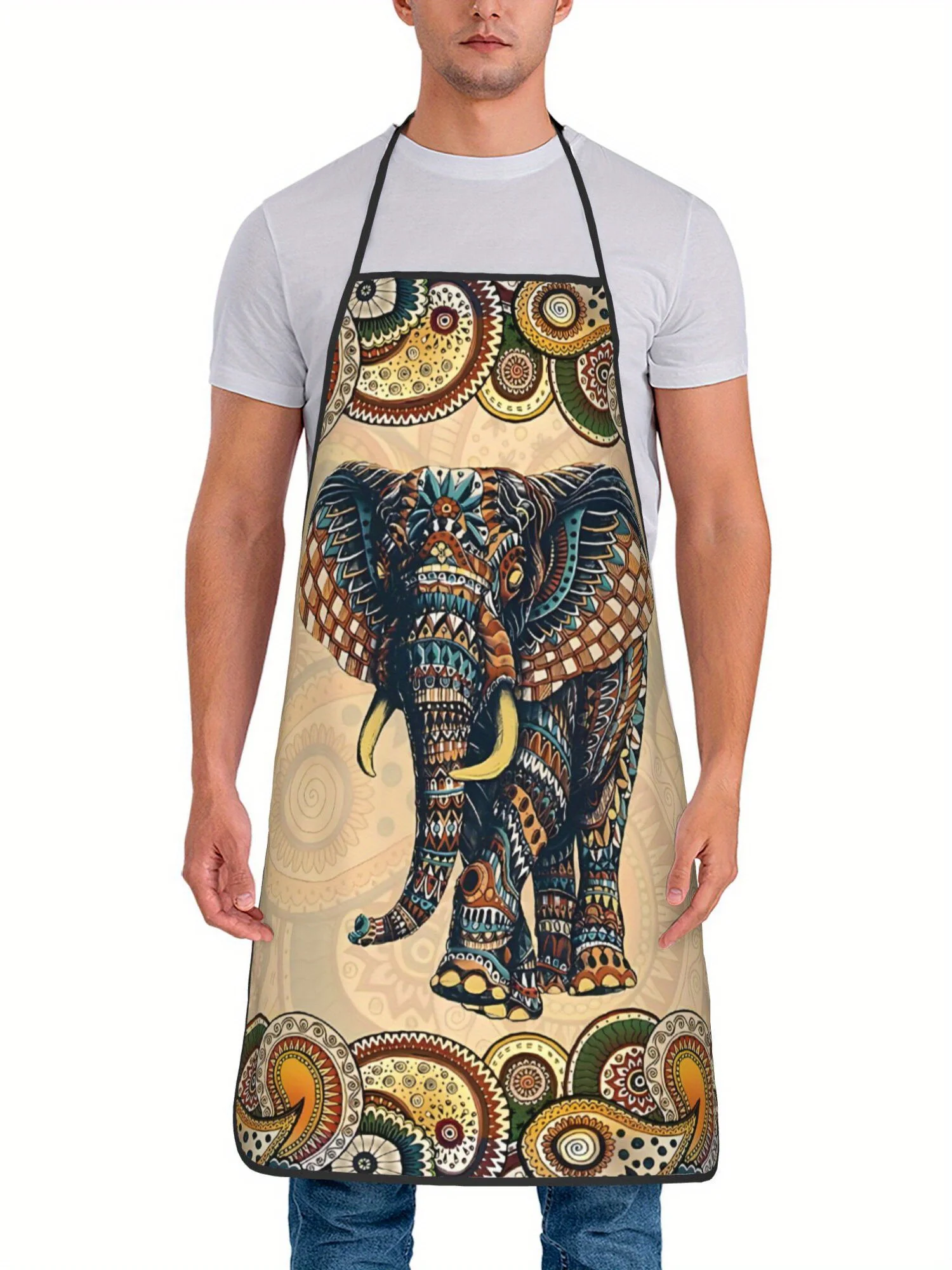 Vibrant Indian Elephant & Mandala Pattern Apron - Colorful, Ethnic Kitchen Apron with Detailed Elephant Design