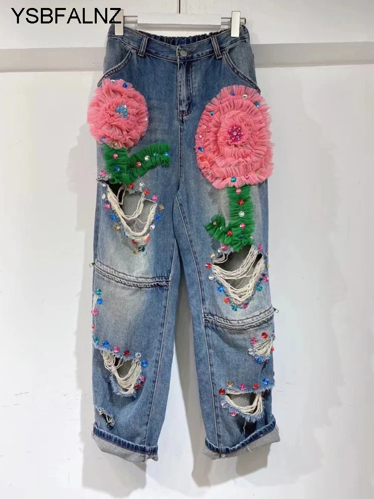 Pantalones vaqueros con bordado Floral para mujer, pantalón vaquero con agujeros y cuentas, cintura alta, holgado, con diamantes de imitación, para