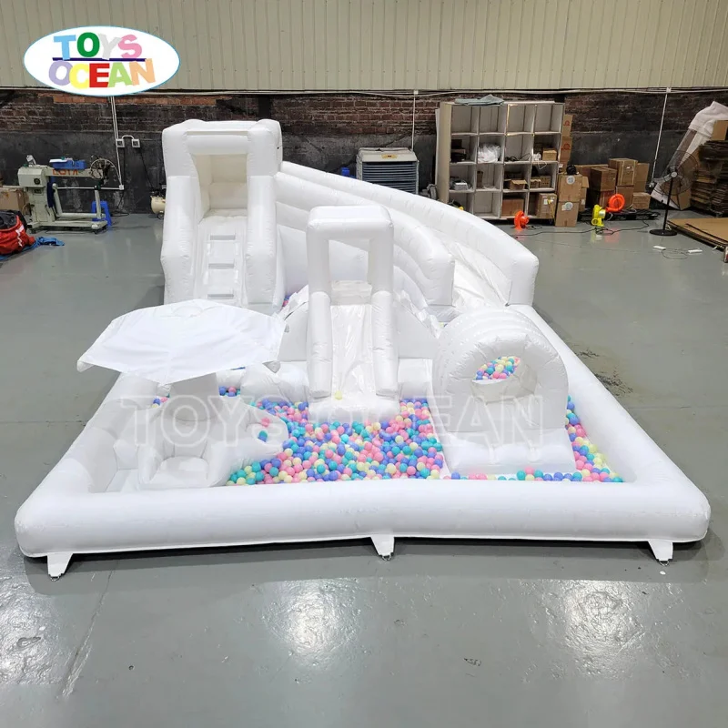 New White Eco-Friendly PVC Inflatable Splash Pad Waterpark Obstacle Course Bounce House with Slide Soft Play Area for Kids