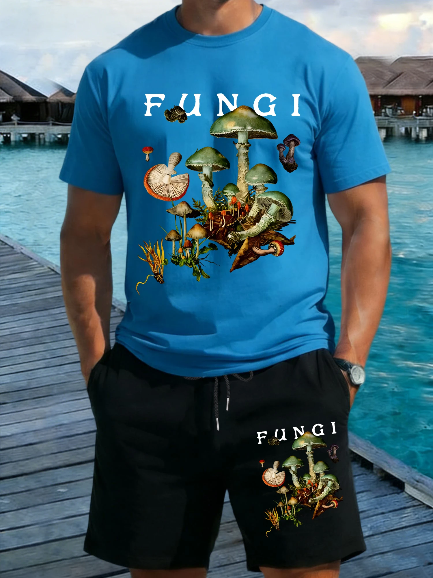 

Mysterious Colored Fungi Design T-Shirt Suit Mens Cotton Summer T Shirts Pocket Black Pant Wide-Leg Breathable Short Pants