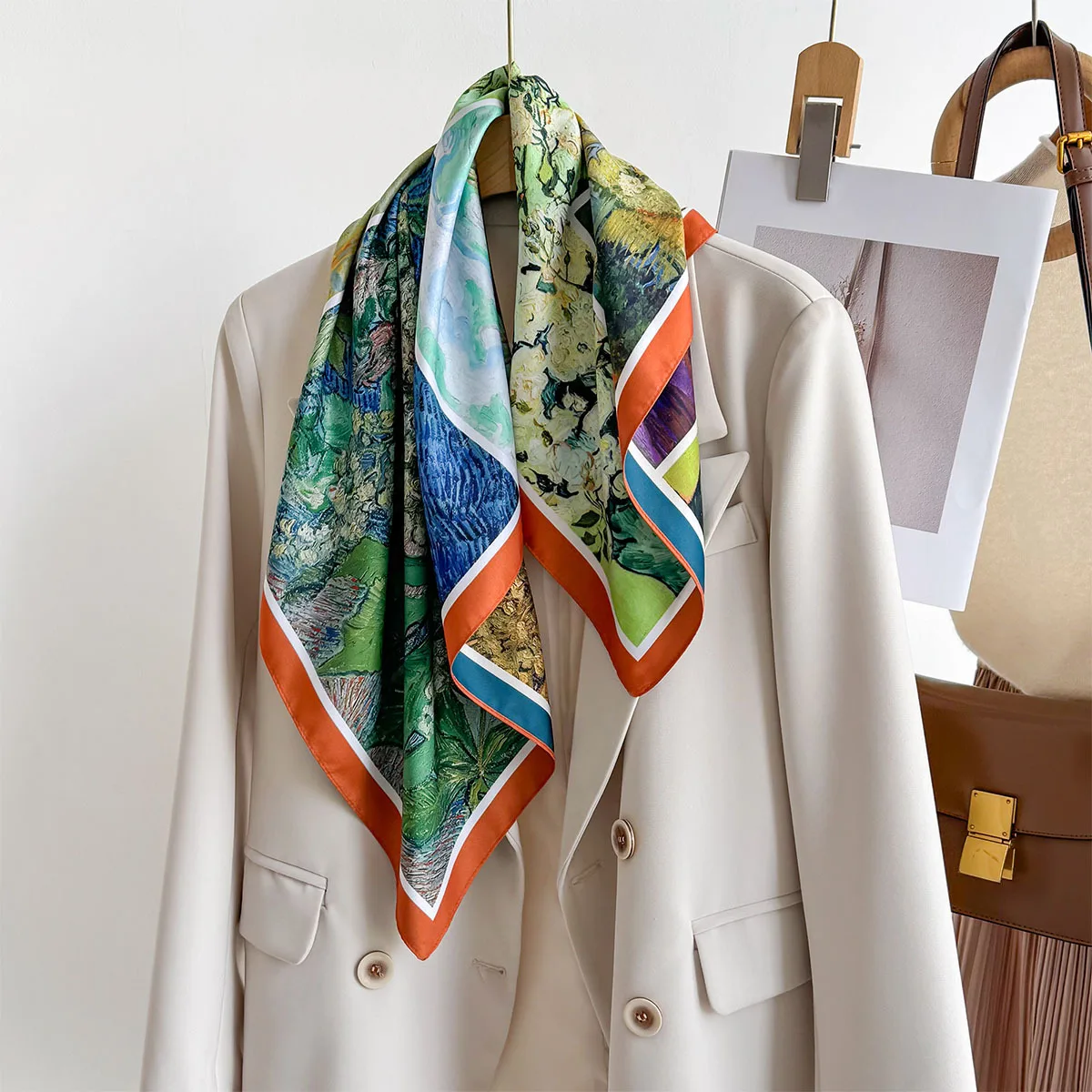 الوجهين طباعة وشاح فاخر تقليد الحرير ساحة وشاح المرأة منديل عصابات فولارد هيرباند رابطة عنق يلتف #3