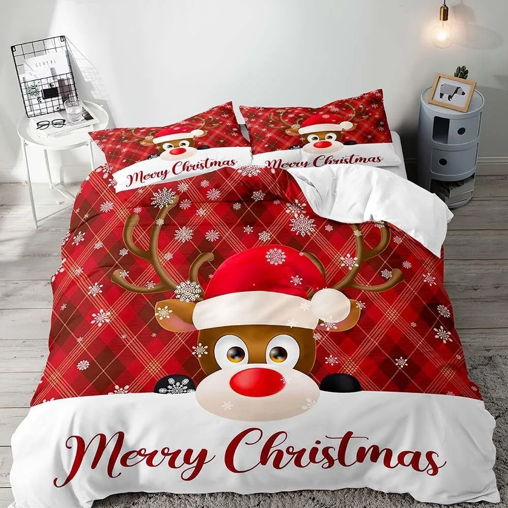 Red Christmas Hat Reindeer Three Piece Duvet Set 3d Digital Printed Bedding Set Bed Cover