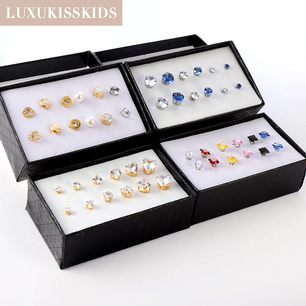 LUXUKISSKIDS Women's Earrings Surgical Steel 6pairs/Lots Studs серьги Cubic Zircon No Fade Tiny Small Earings For Love Gifts