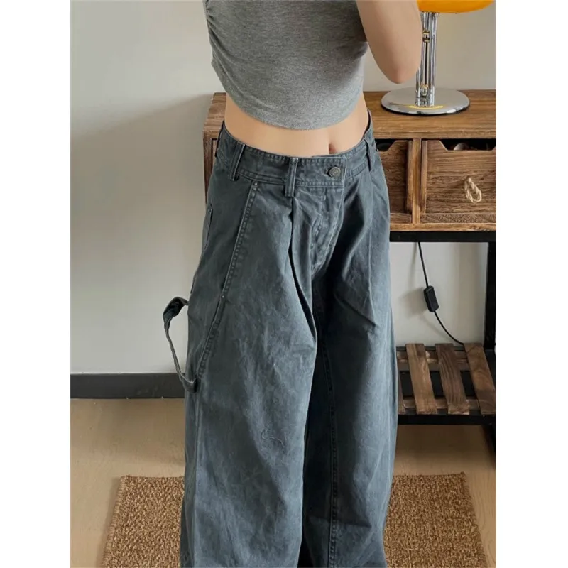 

American high street Vibe washed loose pleated wide leg workwear jeans