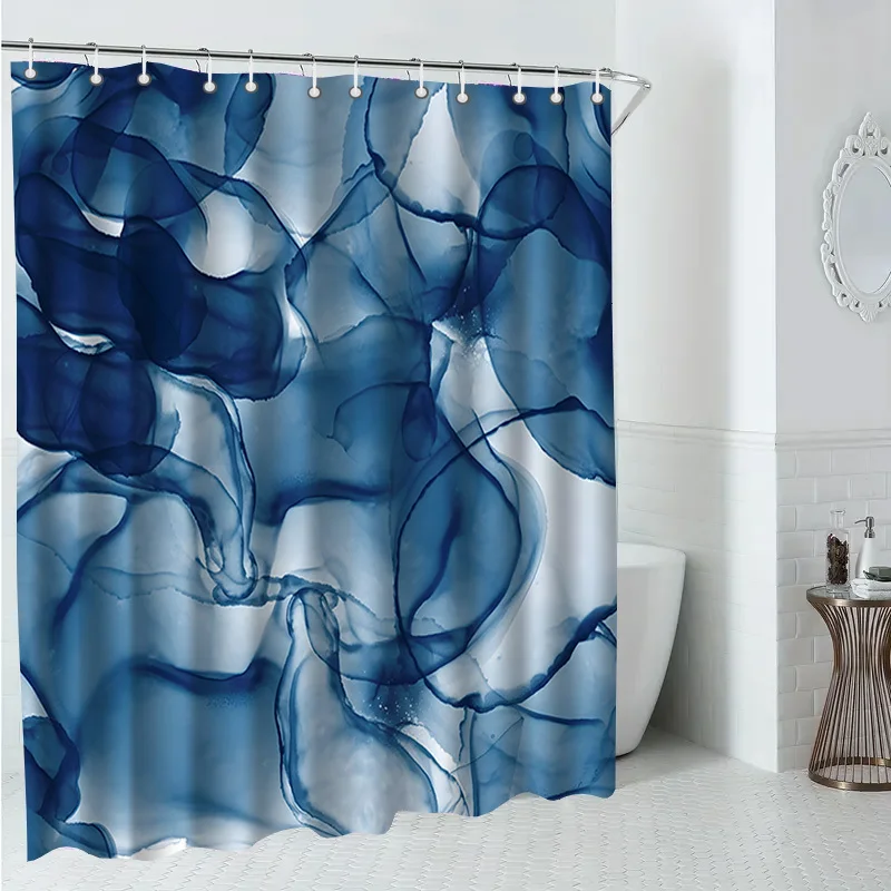 1pc with Hook Shower Curtain, Simple Retro Dreamy Blue Streamer Creative Printed Pattern, High-end and Elegant, Machine-washable