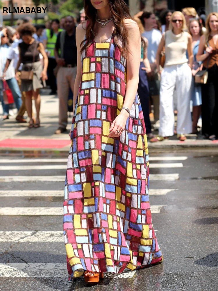 RLMABABY موضة ملونة منقوشة طباعة فستان طويل فضفاض المرأة منخفضة الرقبة بلا أكمام عارية الذراعين الشارع الشهير فستان ماكسي بوهيمي غير رسمي