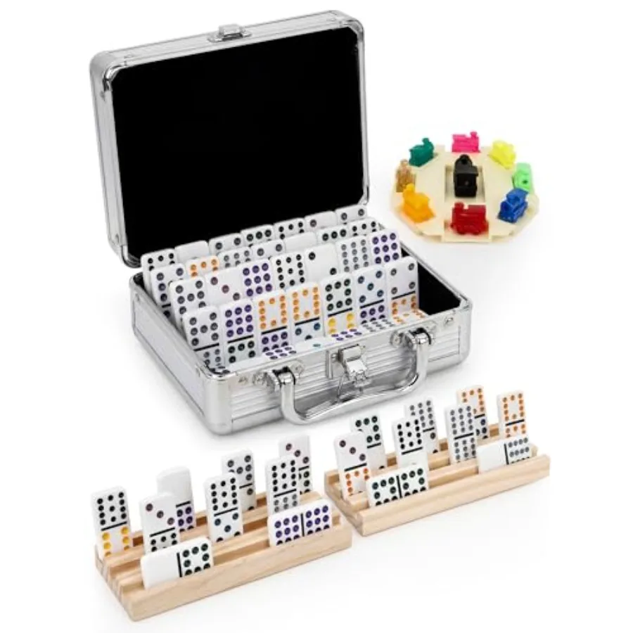 

Mexican Train Dominoes Set -91 Colored Dot Tiles with 4 Wooden Racks, Heavy-Duty Aluminum Case, 9 Trains, Hub and Score Pad - F
