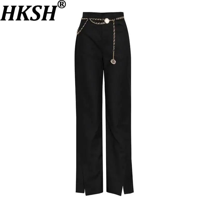 

HKSH Women Casual Straight Pants Chain Belted Split Hem Solid Color Versatile British Style Elegant Trend Bottoms Spring HK22299