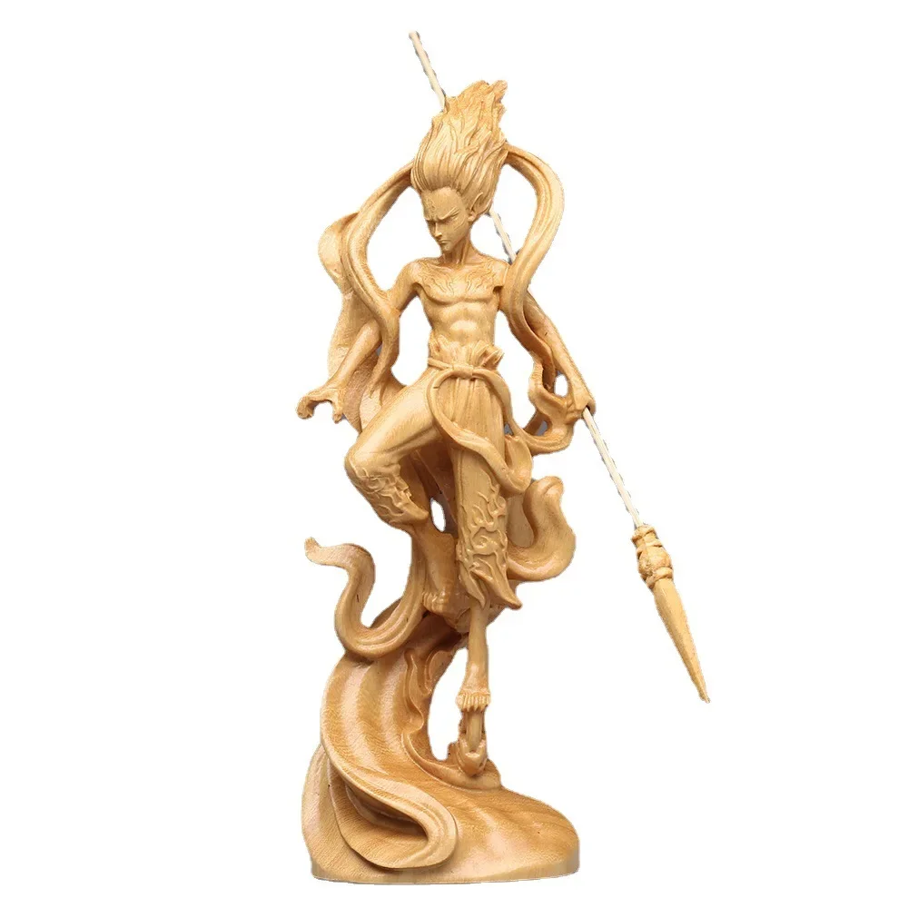 V8 cypress wood carving devil god Nezha three prince ornament cartoon character home office ornament gift crafts