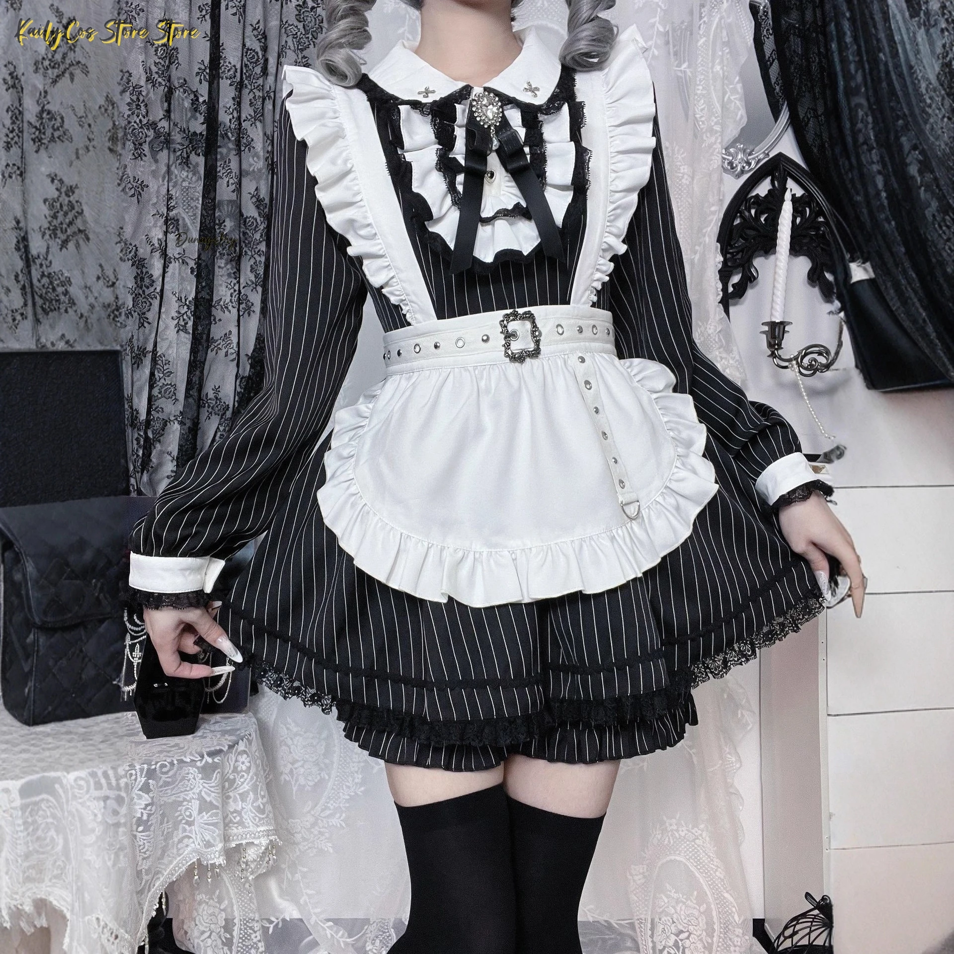 New Japanese Subculture Striped Maid Outfit Jirai Kei Lolita Long-Sleeve Dress SetRuffled Lace+Apron+Belt | Anime Maid Style view 2